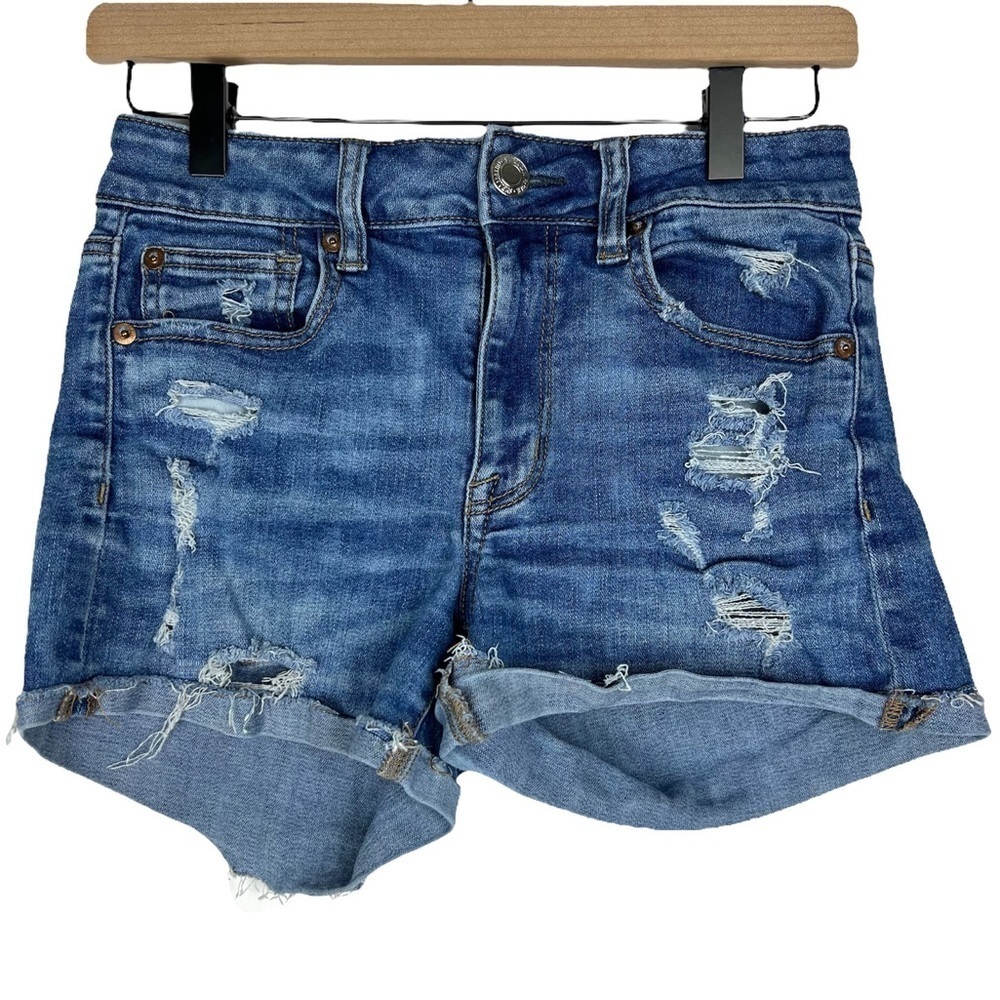 AMERICAN EAGLE Hi Rise Shortie Jean Shorts Distressed Cut Off Super Stretch 4